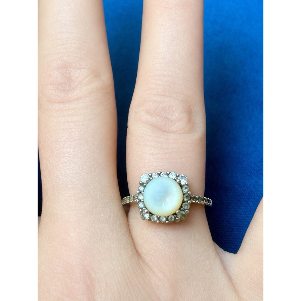 925 Sterling Silver Pearl Halo Ring Clear Stones Size 5.25 2g
